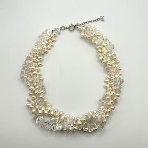 BEAUTIFUL 3 Strand Genuine Pearl Clear Quartz Necklace 925 Sterling Silver 17”